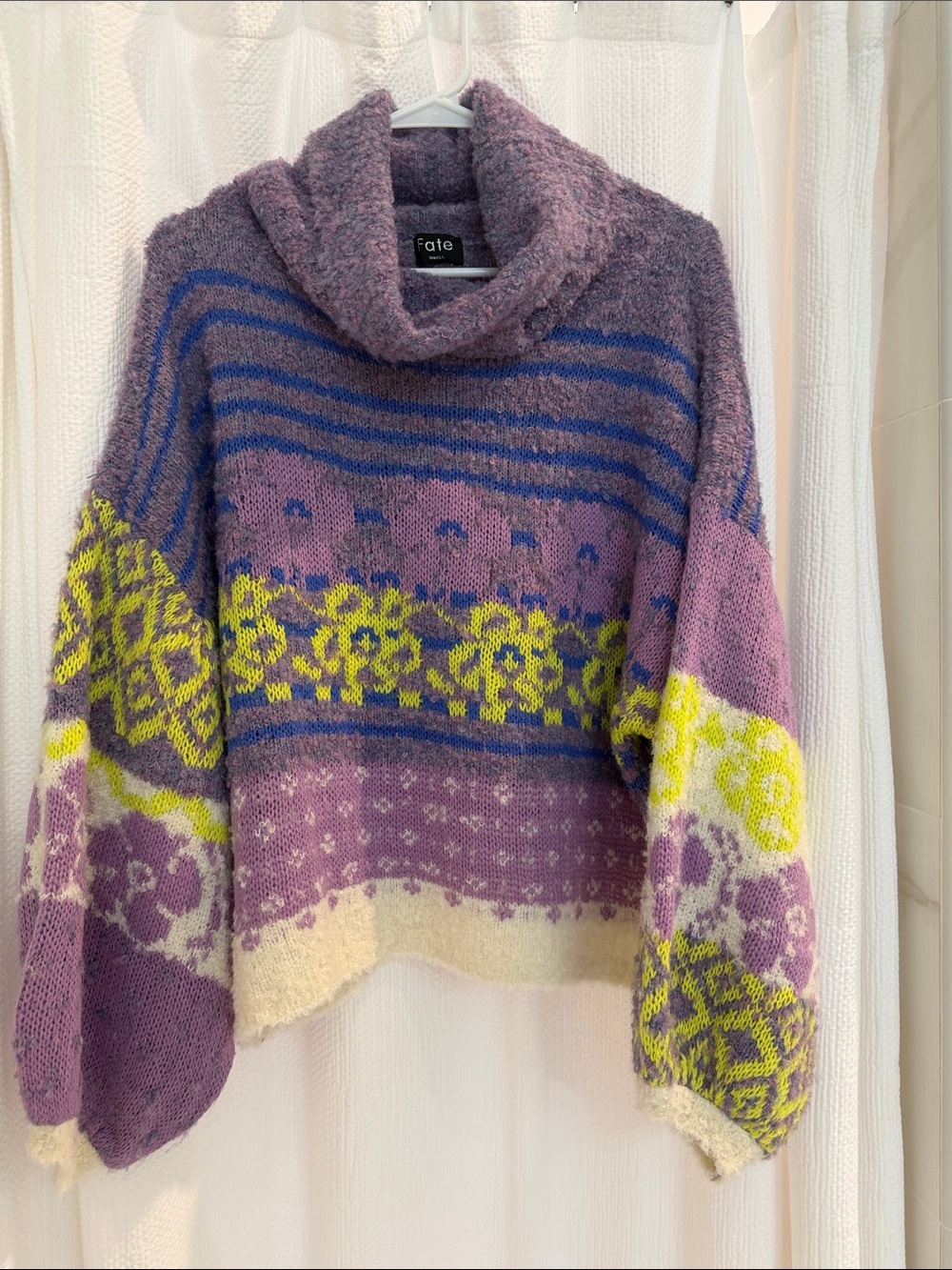 Fate Purple Cowl Neck Sweater with Blue and Lime Pattern